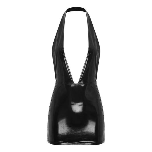 Wetlook-Minikleid mit Faltenrock & V-Ausschnitt
