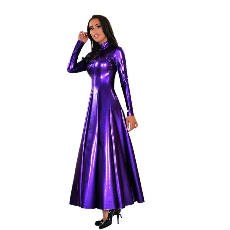 Wetlook-Maxikleid mit Stehkragen